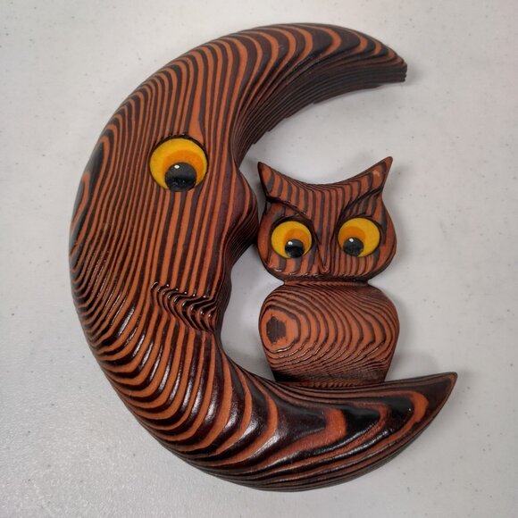 Handmade Other - Anthropomorphic Crescent Moon And Owl Wall Hanging Carved Wood Wooden Vintage